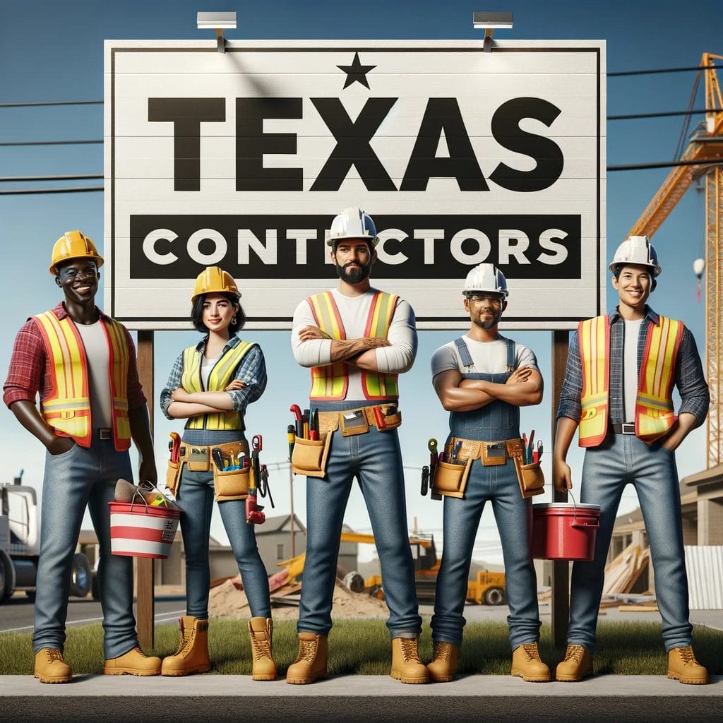 DALL·E 2023 11 22 10.36.13 An illustration of a diverse group of construction workers in front of a large bold yard sign that reads Texas Contractors in professional font. Th