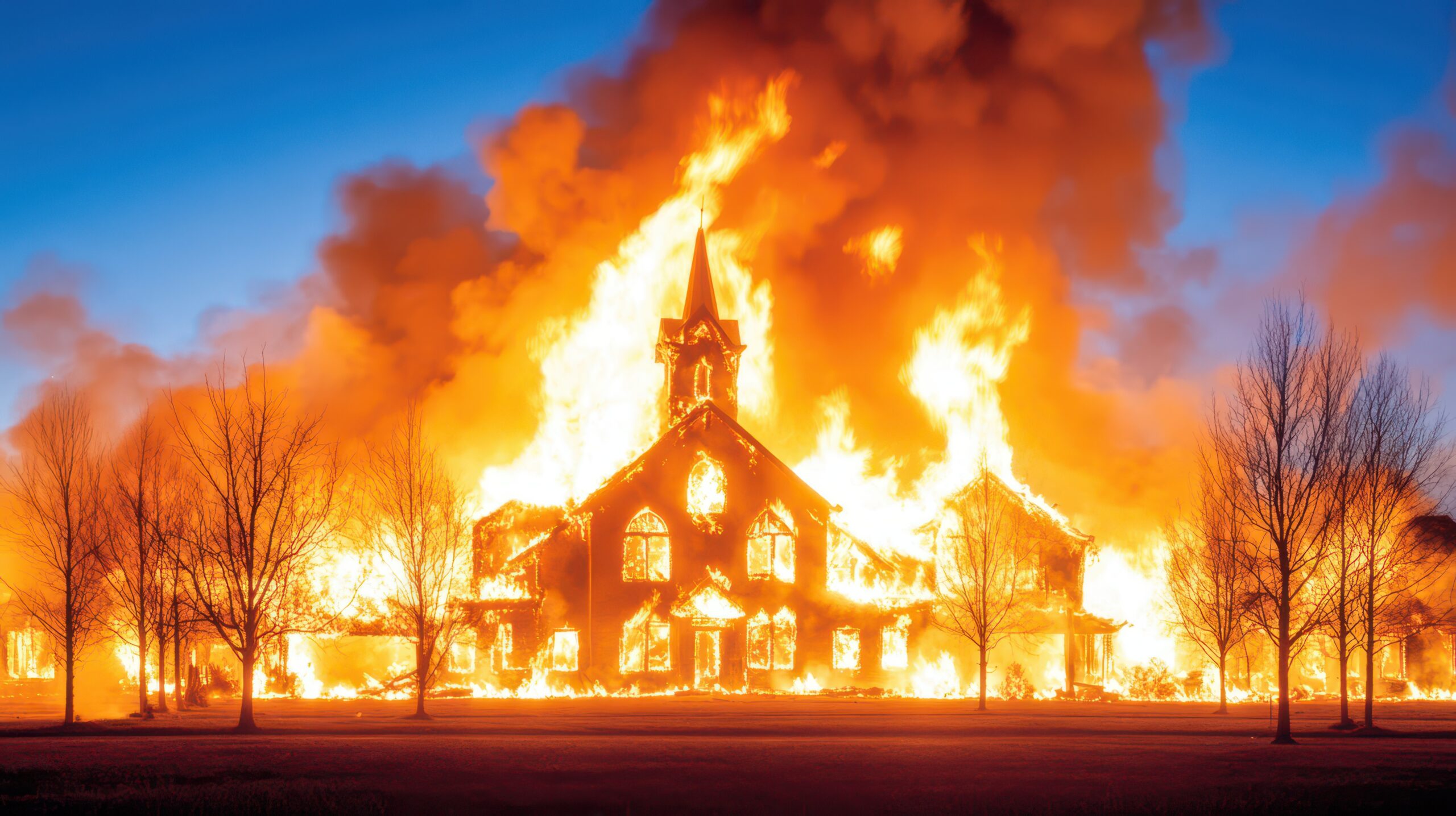 Historical Building Property Damage Insurance Claims 1 Devastation and Inferno: A building, engulfed in flames, its silhouette defined against a dark sky, epitomizing destruction. Intense heat, burning brightly, transforms a structure into an inferno.