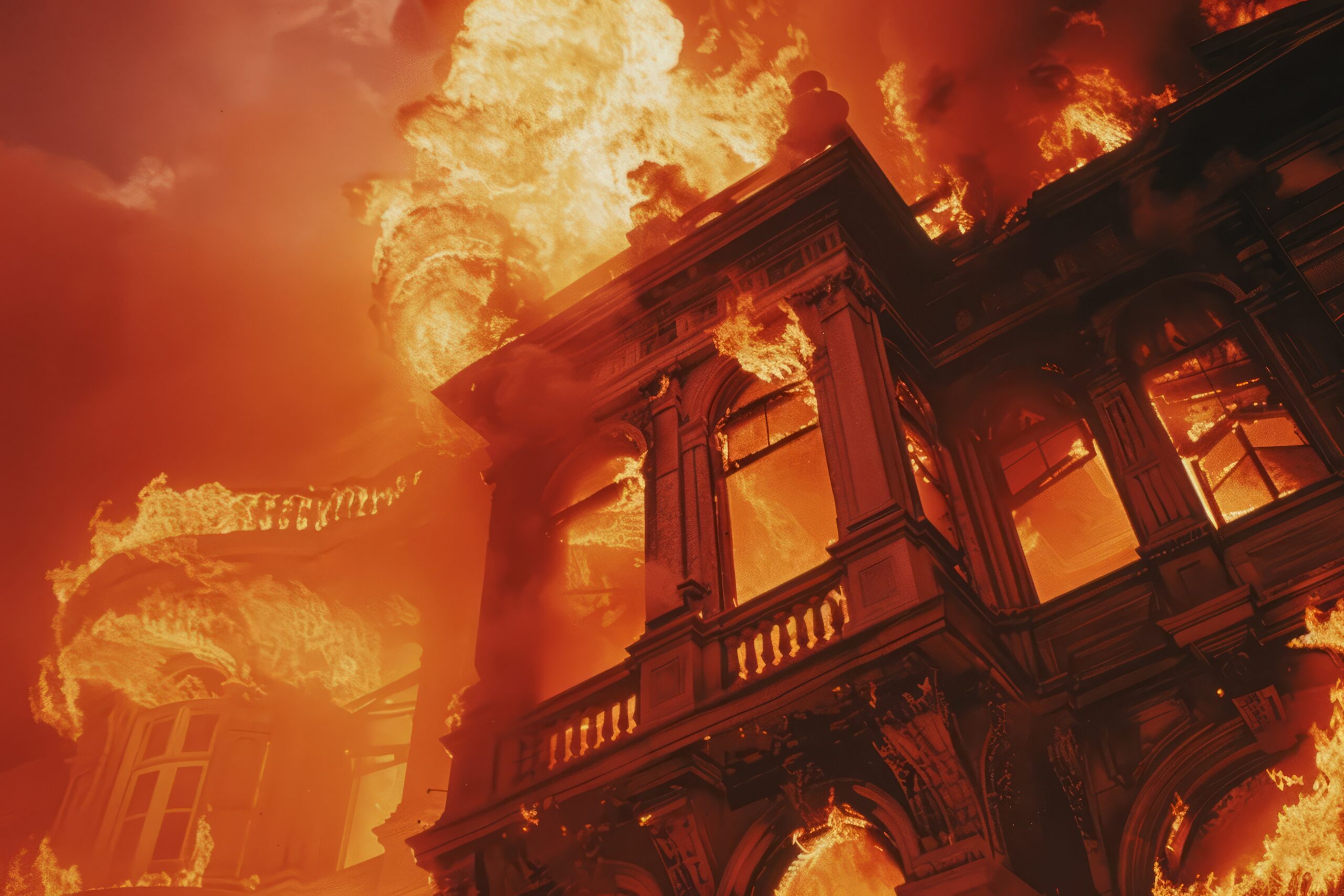 Historical Building Property Damage Insurance Claims 3 Burning historic building with flames engulfing windows and architecture. The building on fire.